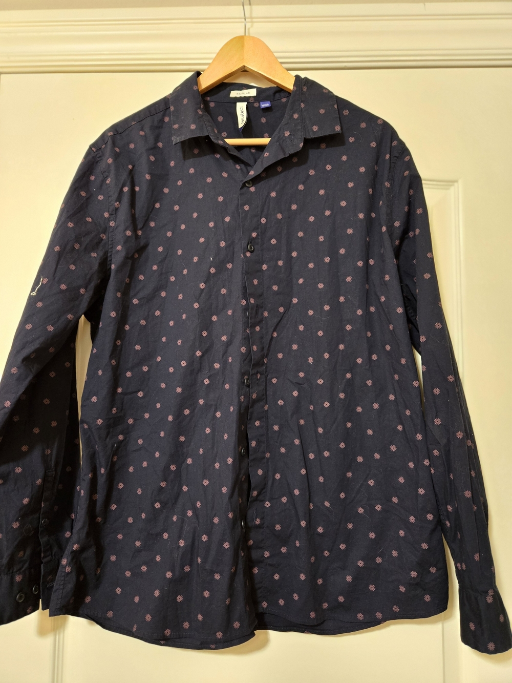 Artefact Men's Casual Navy Button-Down Shirt with Pink Dot Print Cotton Blend